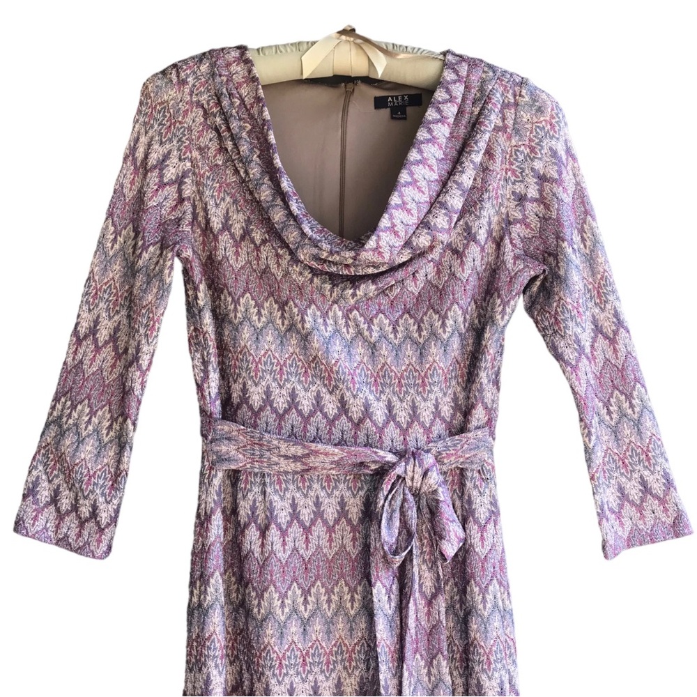 Alex Marie Sheath Dress Size 4 Draped Cowl Neck Kadence Mulberry Shine Chevron